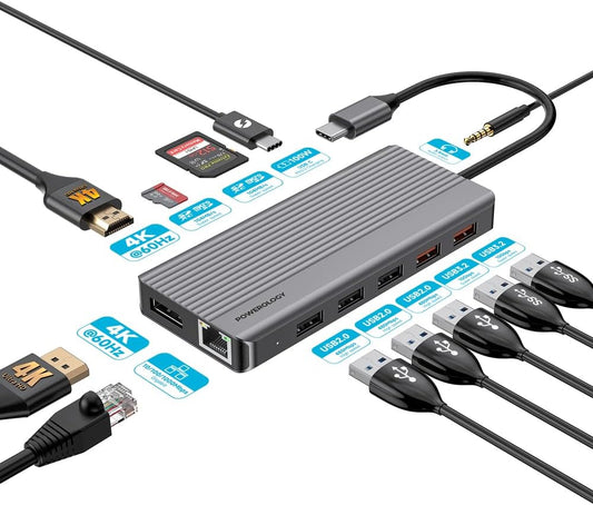 Powerology USB-C Multiport Hubs – High-Speed 6-in-1 & 12-in-1 Models with 4K HDMI, 100W PD, Gigabit Ethernet, USB 3.2, SD/MicroSD, and Dual Display Support – Aluminum Body (Dark Gray)