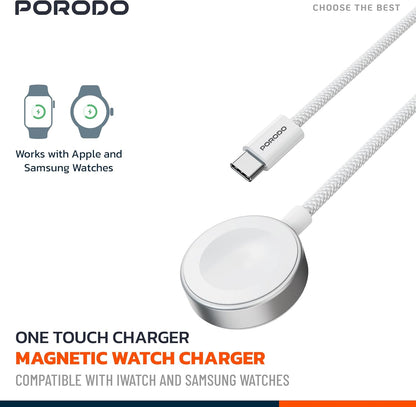Porodo One Touch Charger magnetic Watch Charger 2.5W, Compatible with iWatch & Samsung Watch, Strong Magnet, High-Speed Charging, Durable Cotton Briaded Material, USB-C Connector - White