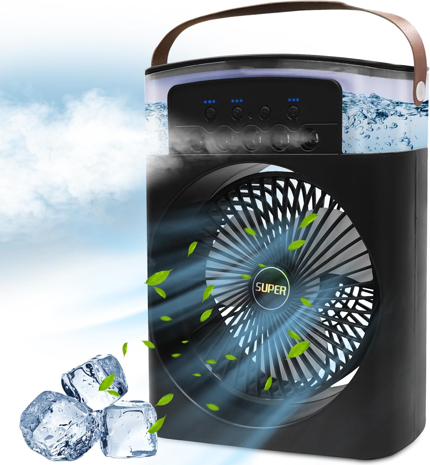DENX USB Desk Misting Fan – 3-Speed Air Cooler, 600ml Tank, Timer, 7-Color LED Lights, Portable Personal Air Conditioner for Home, Office, and Travel