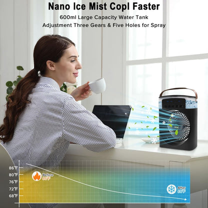 DENX USB Desk Misting Fan – 3-Speed Air Cooler, 600ml Tank, Timer, 7-Color LED Lights, Portable Personal Air Conditioner for Home, Office, and Travel