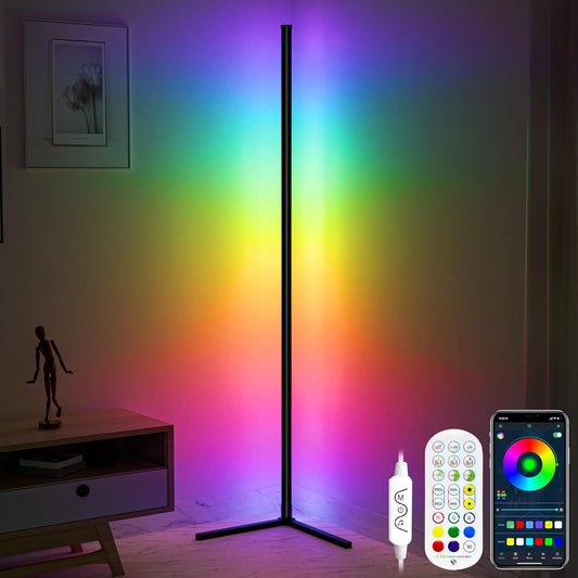Smart RGB Corner Floor Lamp – Dimmable LED Light with Music Sync, App + Remote Control, Modern Multicolor Mood Lighting