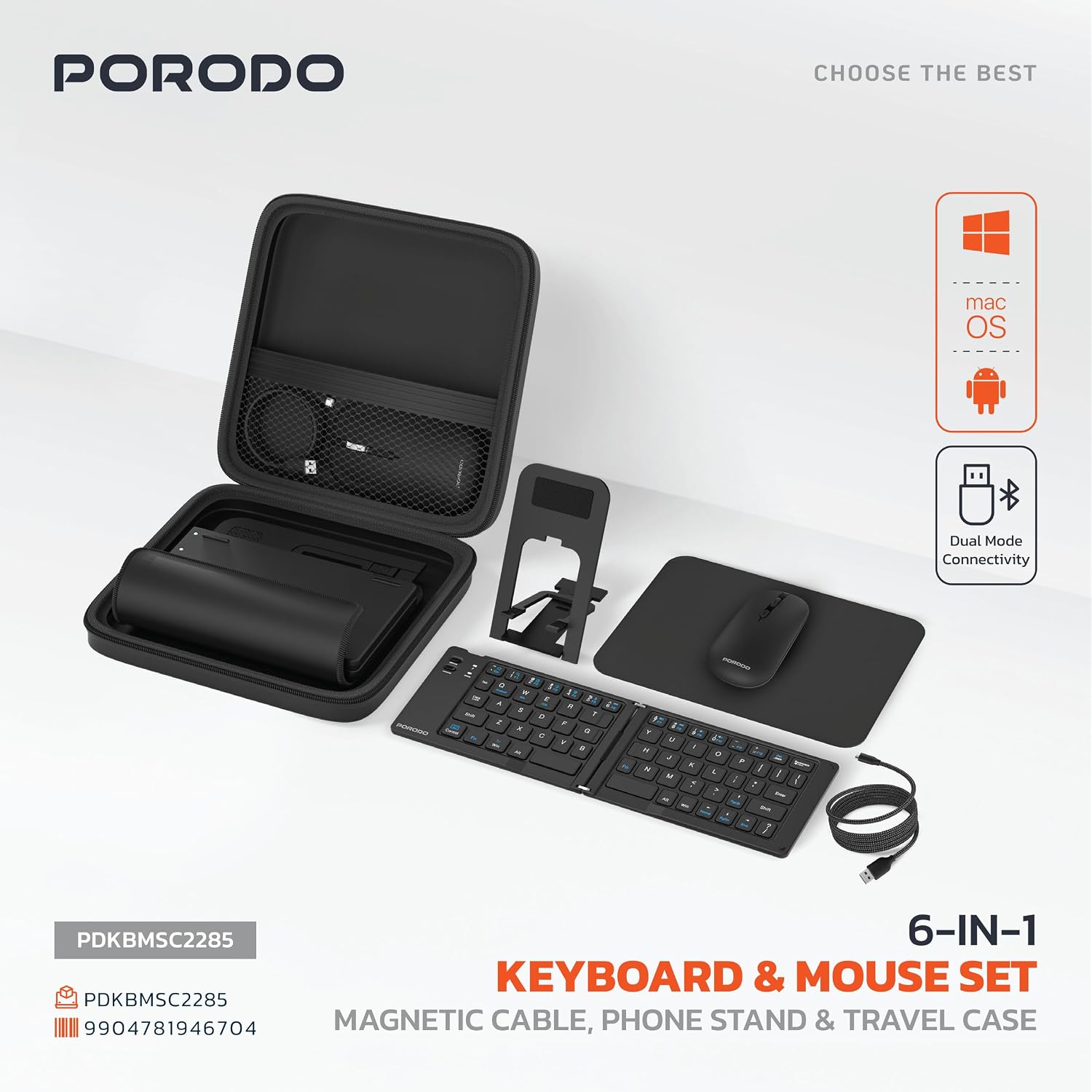 Porodo 6-in-1 Wireless Keyboard & Mouse Set – Bluetooth & 2.4GHz Portable Work Kit (Black) The Wonders Mart Trading™
