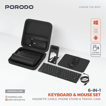 Porodo 6-in-1 Wireless Keyboard & Mouse Set – Bluetooth & 2.4GHz Portable Work Kit (Black) The Wonders Mart Trading™