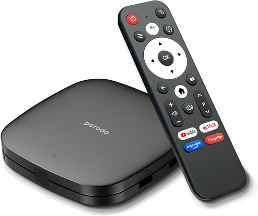 Porodo Android TV Box, 4K Ultra HD, 2GB RAM, 8GB Storage, Voice Command, Bluetooth Remote, Quad-Core CPU, Android 9.0, HDMI, USB, LAN, AV Out, Dual-Band WiFi, Home Entertainment