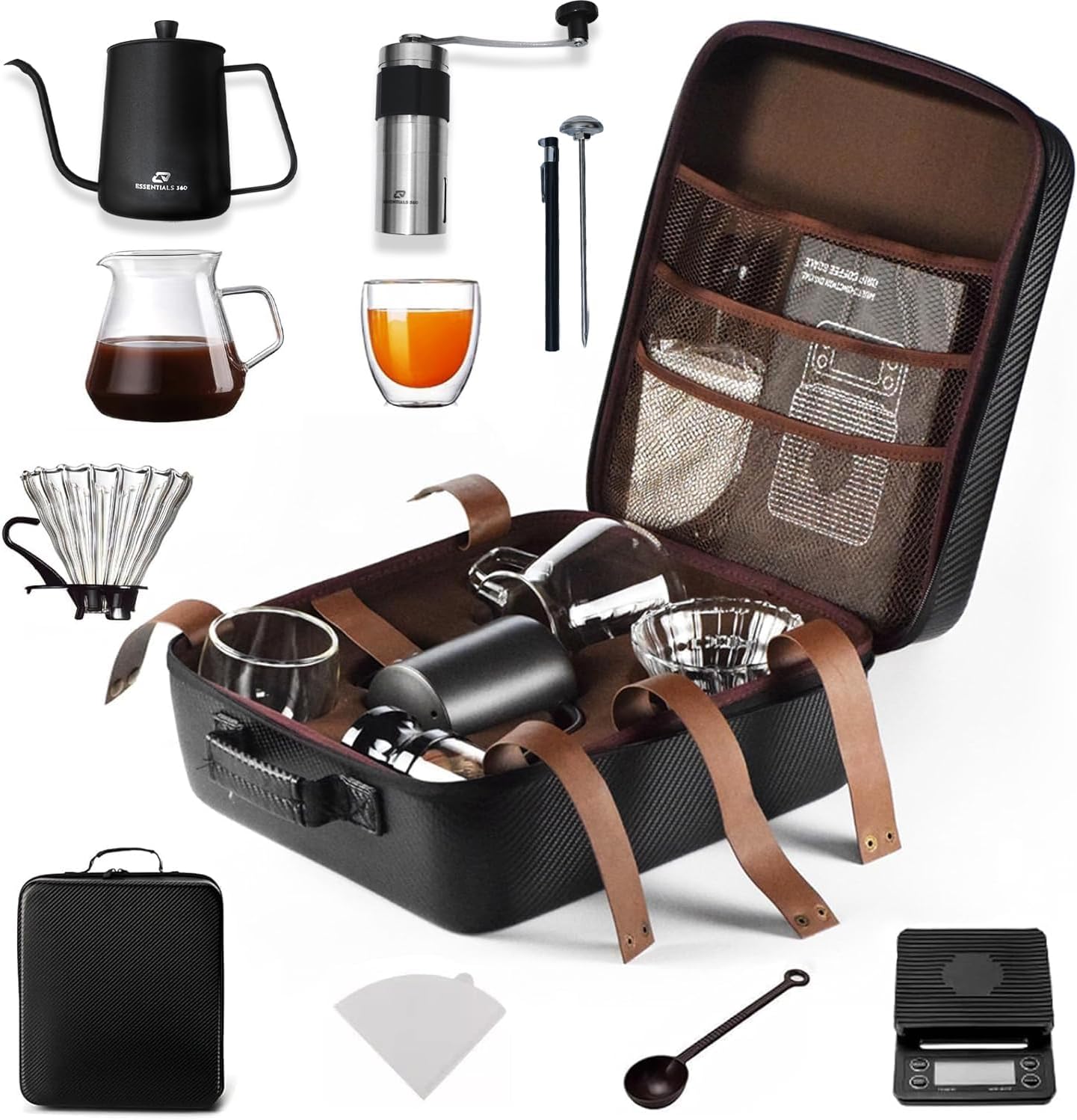 V60 Coffee Brewing Kit – Portable Pour Over Set with Manual Grinder, Gooseneck Kettle, Glass Dripper & More (with Travel Bag )