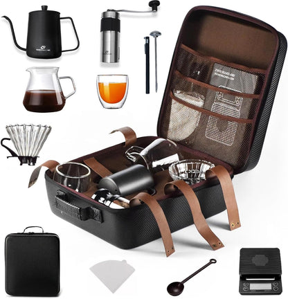 V60 Coffee Brewing Kit – Portable Pour Over Set with Manual Grinder, Gooseneck Kettle, Glass Dripper & More (with Travel Bag )