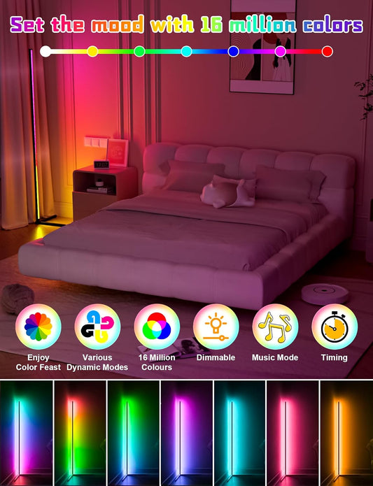 Smart RGB Corner Floor Lamp – Dimmable LED Light with Music Sync, App + Remote Control, Modern Multicolor Mood Lighting