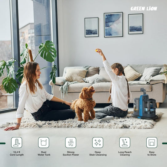 Green Lion Carpet Cleaner Pro – 600W Motor, Dual Water Tanks, Deep Stain Removal, Long Reach – Blue