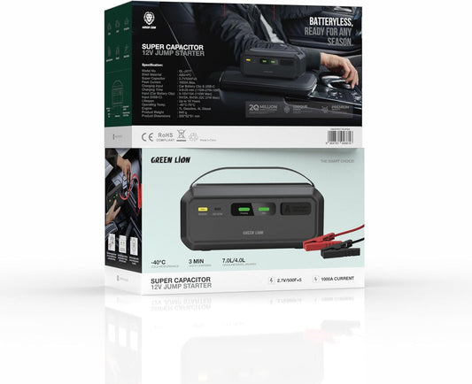 Green Lion Super Capacitator 12V Batteryless Jump Starter, 1000A Portable Battery Charger, 3 Min Quick Charging, 7L/4L Gasoline/Diesel Engines, Car Battery Clip & USB-C Charging Input