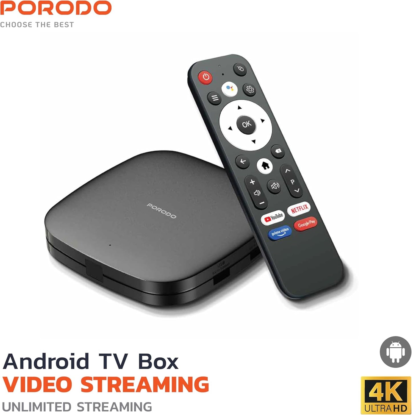 Porodo Android TV Box, 4K Ultra HD, 2GB RAM, 8GB Storage, Voice Command, Bluetooth Remote, Quad-Core CPU, Android 9.0, HDMI, USB, LAN, AV Out, Dual-Band WiFi, Home Entertainment
