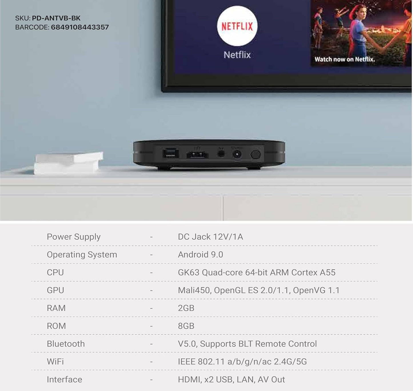 Porodo Android TV Box, 4K Ultra HD, 2GB RAM, 8GB Storage, Voice Command, Bluetooth Remote, Quad-Core CPU, Android 9.0, HDMI, USB, LAN, AV Out, Dual-Band WiFi, Home Entertainment
