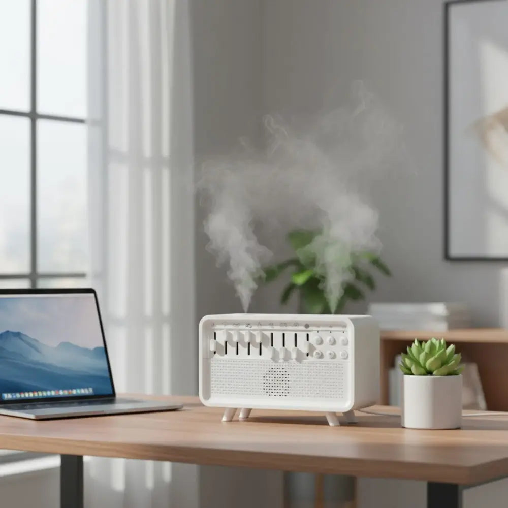 White Noise Humidifier Night Light – 3-in-1 Sound Machine with 8 Sounds, Diffuser & USB Powered The Wonders Mart Trading™