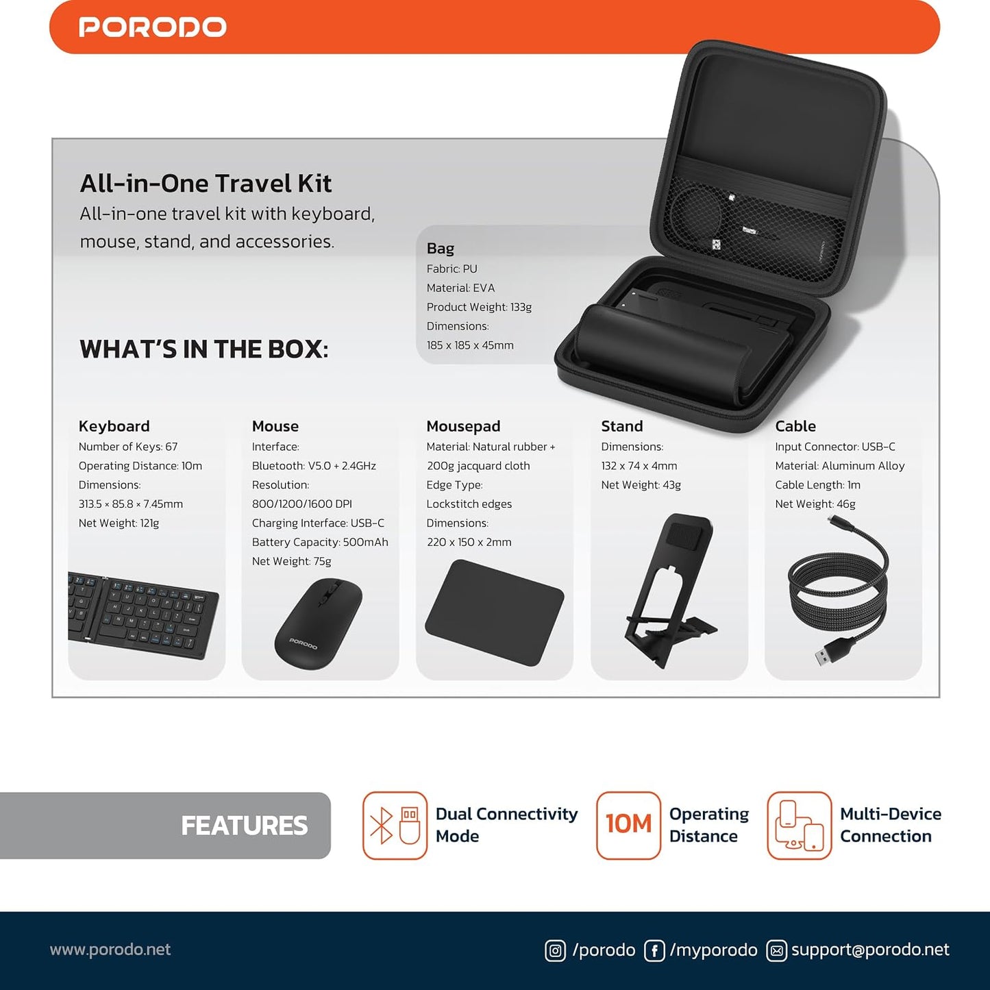 Porodo 6-in-1 Wireless Keyboard & Mouse Set – Bluetooth & 2.4GHz Portable Work Kit (Black) The Wonders Mart Trading™