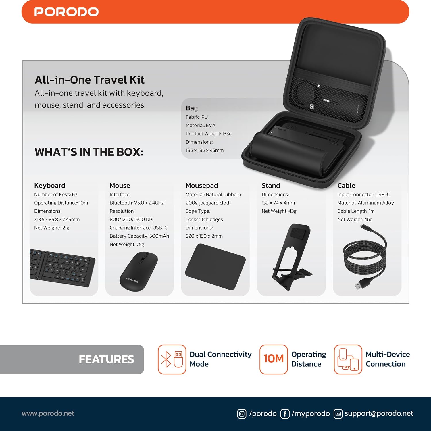 Porodo 6-in-1 Wireless Keyboard & Mouse Set – Bluetooth & 2.4GHz Portable Work Kit (Black) The Wonders Mart Trading™