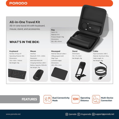 Porodo 6-in-1 Wireless Keyboard & Mouse Set – Bluetooth & 2.4GHz Portable Work Kit (Black) The Wonders Mart Trading™