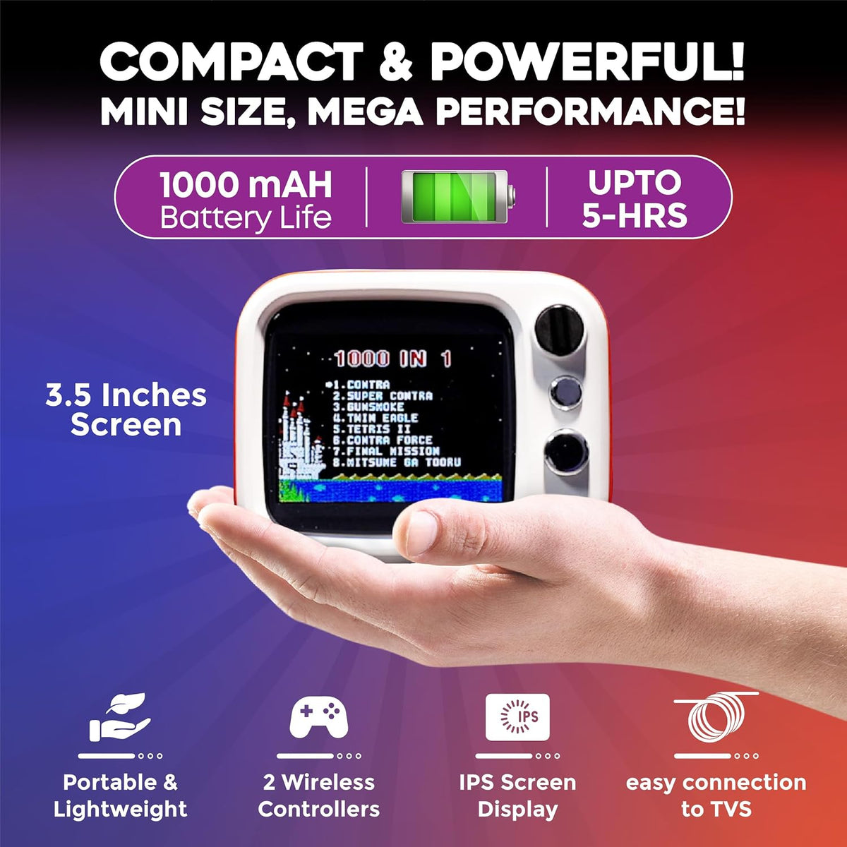 
H7 Tiny Arcade TV 3.5” Mini Retro Game Console – 740 Built-In Games, 2 Wireless Controllers & TV Output (Red) The Wonders Mart Trading™