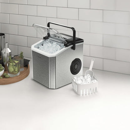 Green Lion Instant Ice Maker, 8min Quick Ice, 130W, Self Cleaning Countertop Ice Maker Machine, Portable Handle, 1.3L Water Tank, 500g Ice Basket + Scoop, Touch Controls, for Home, Kitchen, Party - Grey