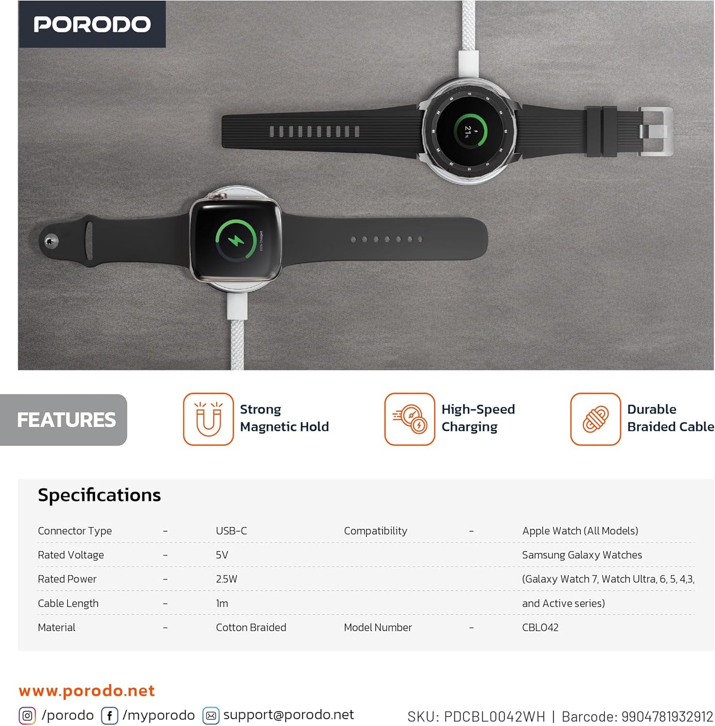Porodo One Touch Charger magnetic Watch Charger 2.5W, Compatible with iWatch & Samsung Watch, Strong Magnet, High-Speed Charging, Durable Cotton Briaded Material, USB-C Connector - White