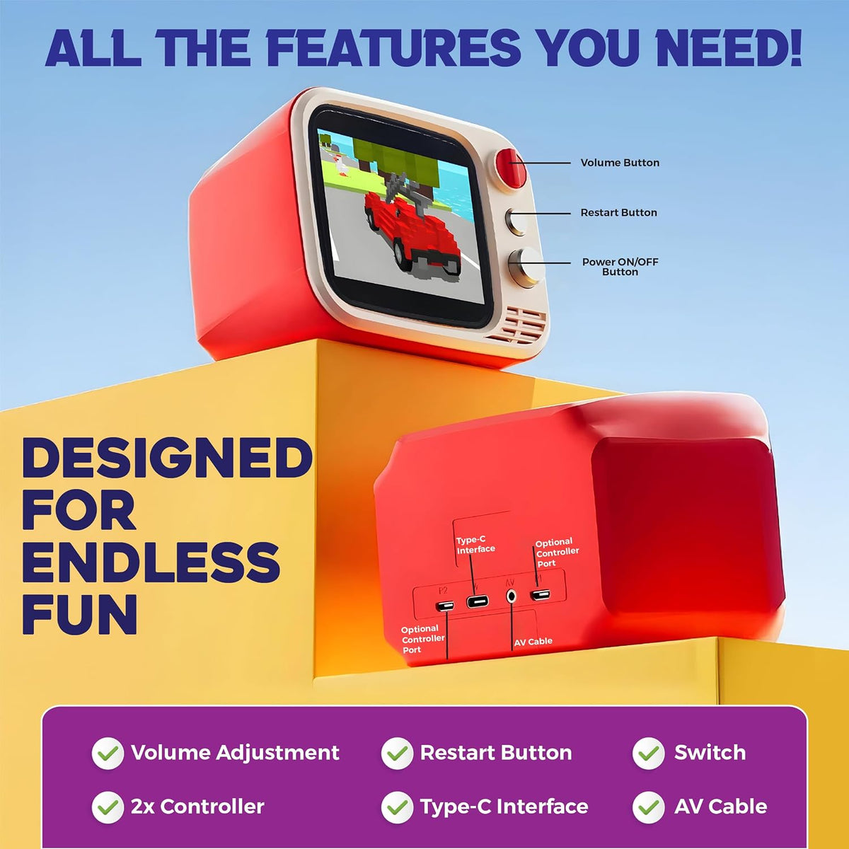 
H7 Tiny Arcade TV 3.5” Mini Retro Game Console – 740 Built-In Games, 2 Wireless Controllers & TV Output (Red) The Wonders Mart Trading™