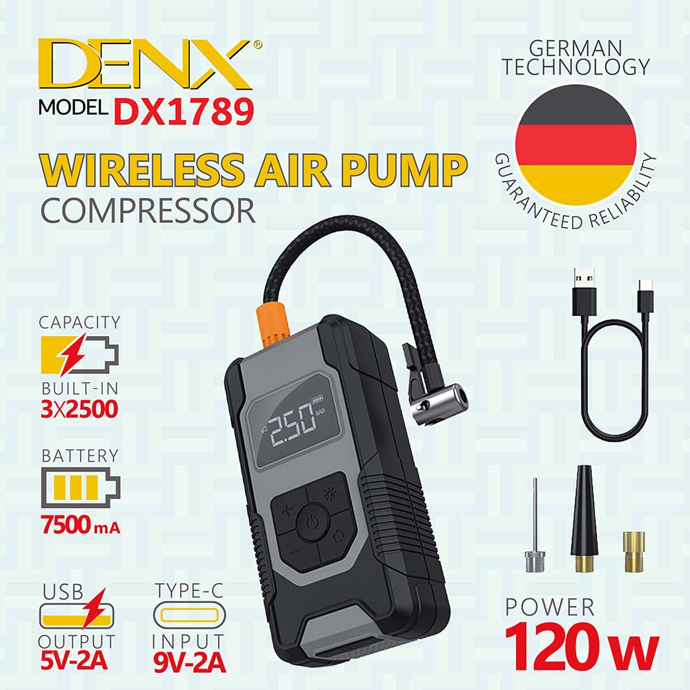 DENX DX1789 Wireless Air Compressor – 120W, 7500mAh Battery, Type-C Fast Charging, USB Output, Cordless Tire Inflator for Car, Bike, Ball & More