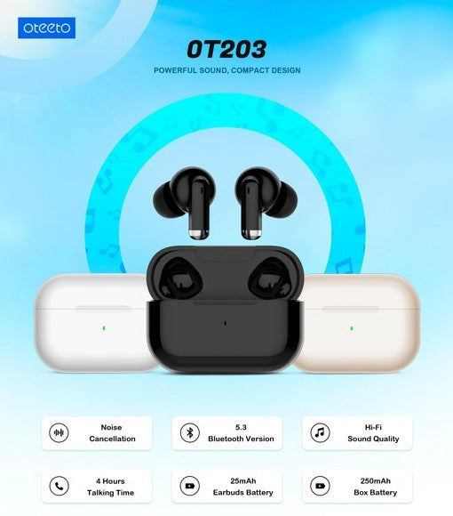 Oteeto OT203 TWS Bluetooth Headset, For android and IOS, Noise Cancellation, HIFI Sound, Ear Detection , touch sensor