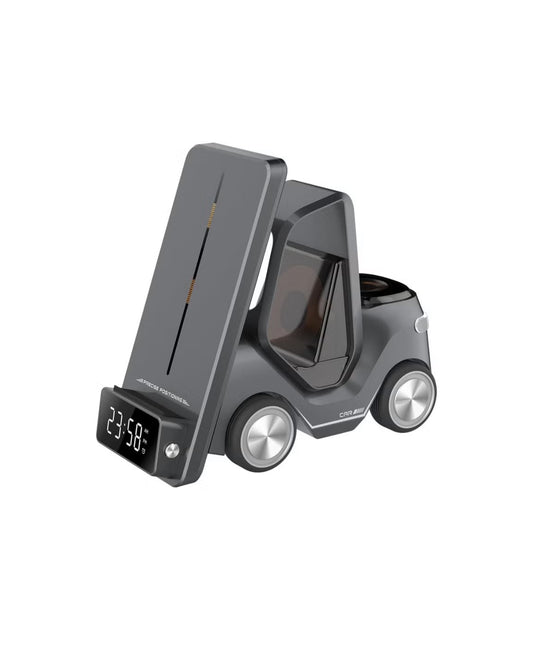 Smart Desktop Wireless Charger Forklift Design – Multi-Device Charging Station with Night Light & Digital Clock 5-in-1