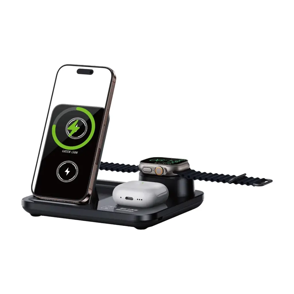 Green Lion 3-in-1 Multifunction Wireless Charger – Fast Charging Station for Phone, AirPods & Watch (Black) The Wonders Mart Trading™