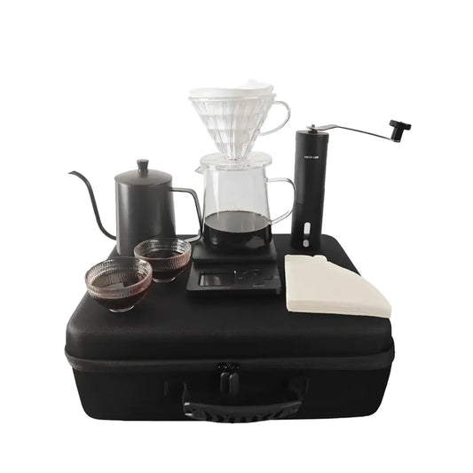 Green Lion G-50 PLUS Complete Coffee Maker Set – Pour Over Kit with 600ml Kettle, Grinder, Dripper, Glass Server, 2 Cups, Filters & Digital Scale – Travel Box Included – Black