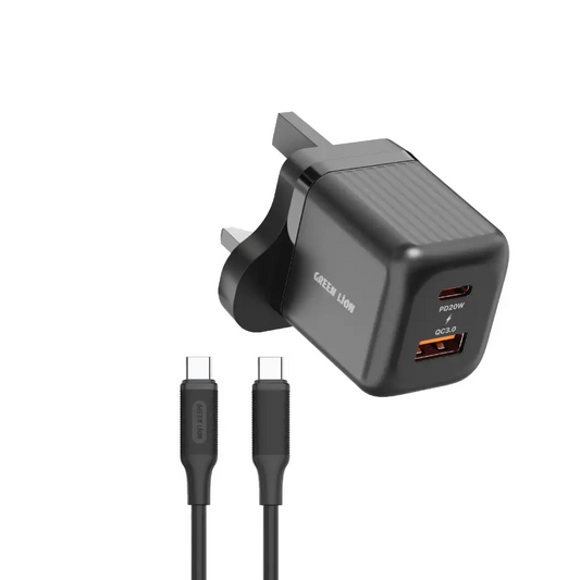 Green Lion Ultra Compact GaN Wall Charger UK Pin A+C 20W (with C to C / C to L Cable) - Black