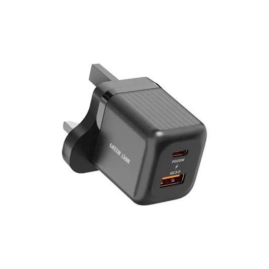 Green Lion Ultra Compact GaN Wall Charger UK Pin A+C 20W (with C to C / C to L Cable) - Black