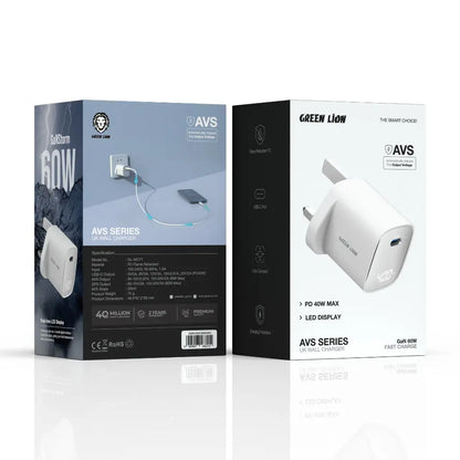 Green Lion AVS Series 60W GaN UK Wall Charger – Fast USB-C Charger with LED Display (White) The Wonders Mart Trading™