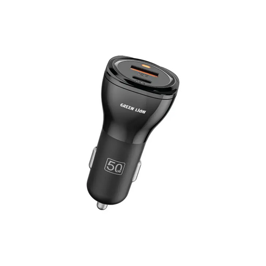 Green Lion Dual Port 50W Car Charger – USB-C PD 30W & USB-A QC 20W, Flame Retardant Material, Fast Charging, PPS Support – Black