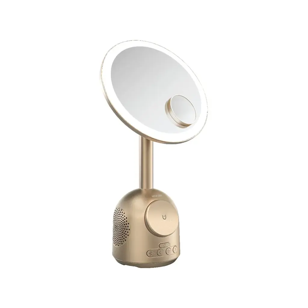 Green Lion Makeup Mirror with Bluetooth Speaker & 15W MagSafe Wireless Charger – 3-Level LED Light, 60° Adjustable, Type-C Output – Gold