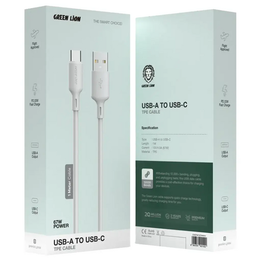 Green Lion 67W USB-A to USB-C Fast Charging & Data Transfer Cable, PD 20W, 1m TPE Cord Supporting Turbo Charging for Xiaomi, Huawei, S25/S24/S23/S22, iPhone 16/15/14/13, Laptop, MacBook
