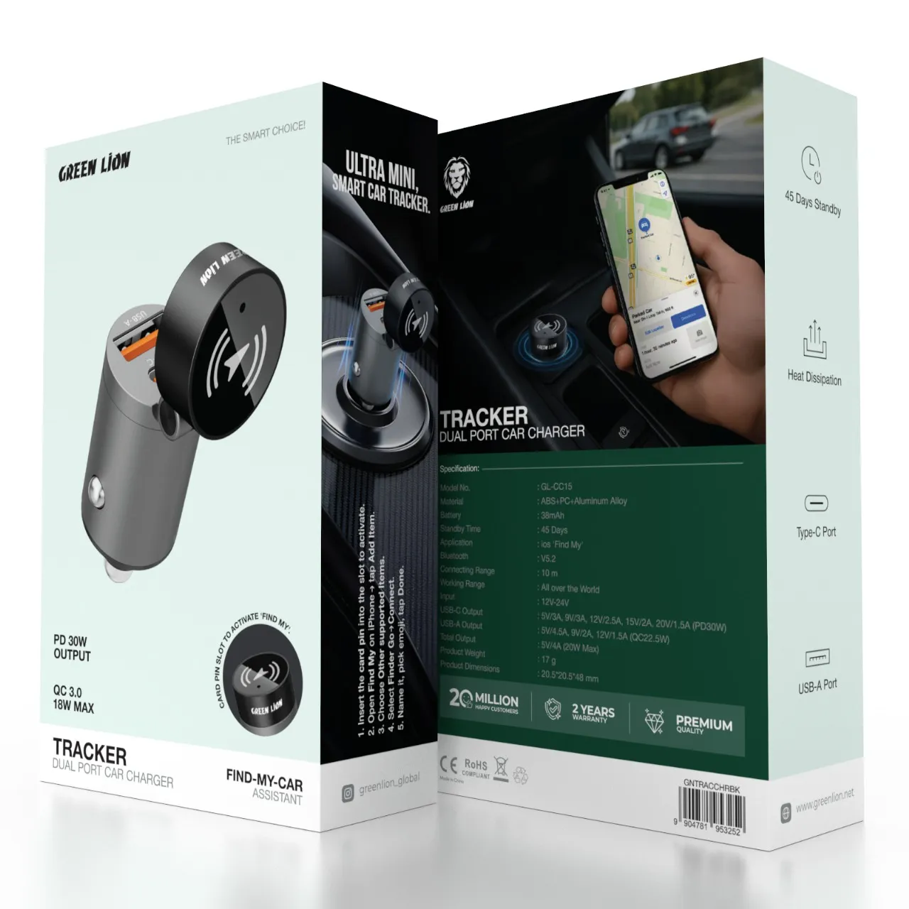 Green Lion Tracker Dual Port Car Charger – PD 30W Fast Charging with Find My Tracking (Black) The Wonders Mart Trading™