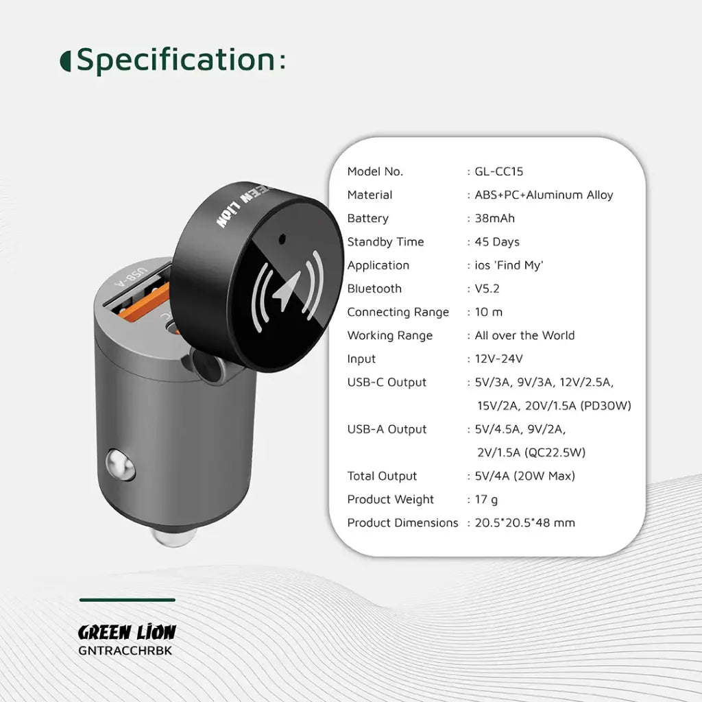 Green Lion Tracker Dual Port Car Charger – PD 30W Fast Charging with Find My Tracking (Black) The Wonders Mart Trading™