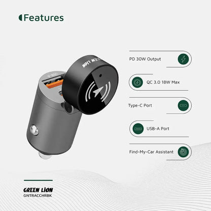Green Lion Tracker Dual Port Car Charger – PD 30W Fast Charging with Find My Tracking (Black) The Wonders Mart Trading™
