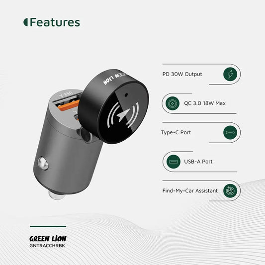 Green Lion Tracker Dual Port Car Charger – PD 30W Fast Charging with Find My Tracking (Black) The Wonders Mart Trading™