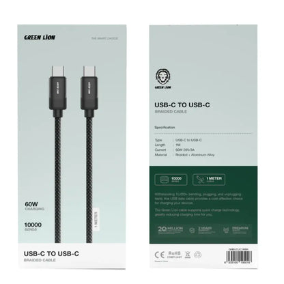 Green Lion USB-C To USB-C Braided Cable 1M 60W,Charge & Sync,Safe & Reliable Charging,480Mbps Transfer Speed,Wide Compatible,10000 Bends,Aluminum Shell - Black