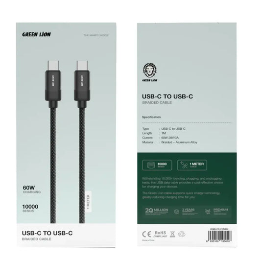 Green Lion USB-C To USB-C Braided Cable 1M 60W,Charge & Sync,Safe & Reliable Charging,480Mbps Transfer Speed,Wide Compatible,10000 Bends,Aluminum Shell - Black
