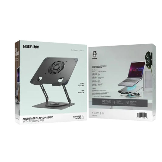 Green Lion Adjustable Laptop Stand with Cooling Fan – 360° Rotation, Foldable, Metal Build, Fits 13"-17" Laptops – Black