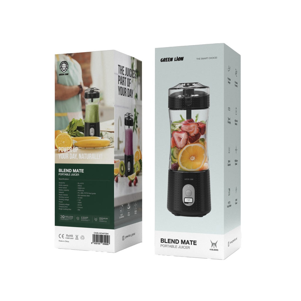 Green Lion Blend Mate Portable Juicer – 380ml Bottle, 4000mAh Battery, 18000rpm, Self-Cleaning, Type-C Rechargeable – Black