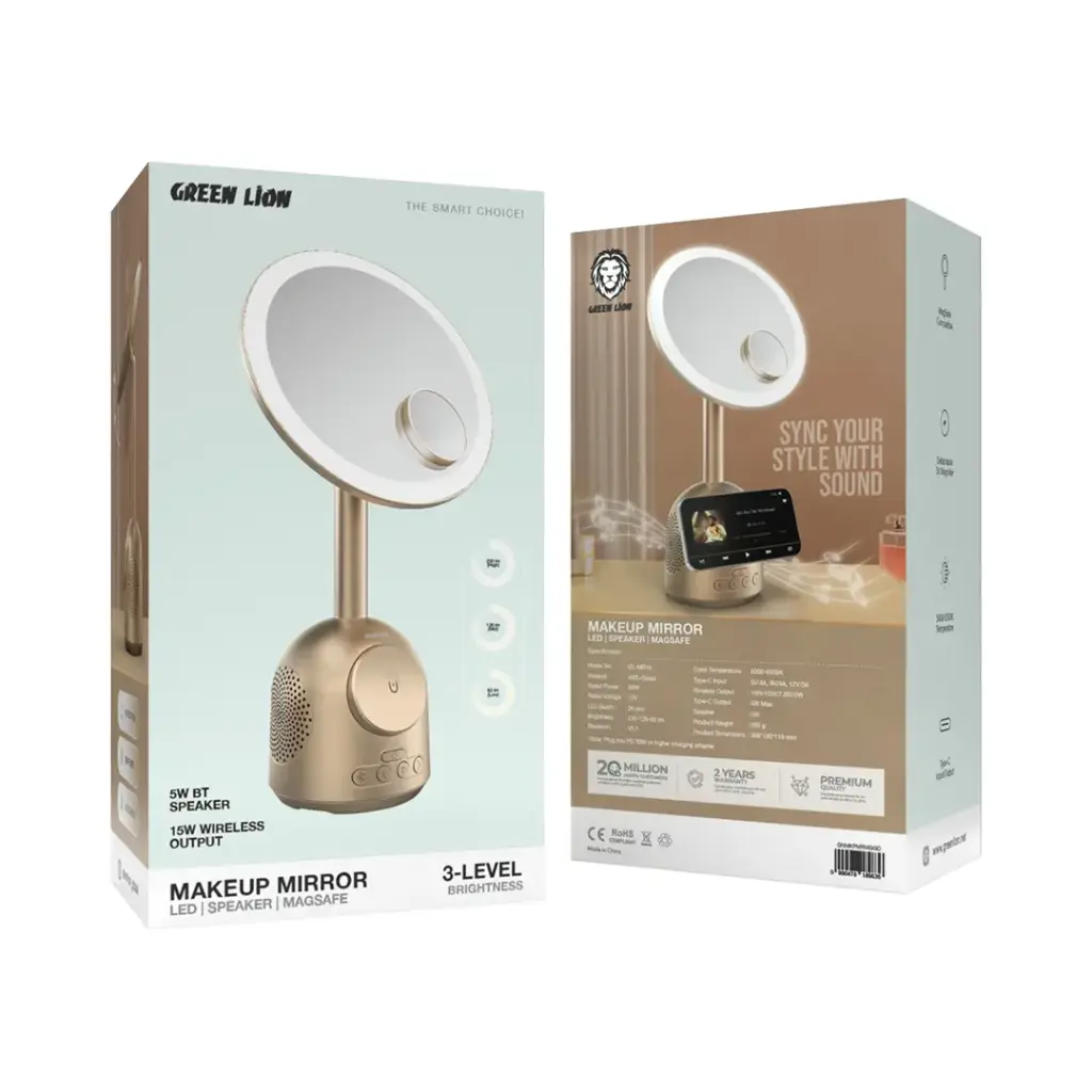 Green Lion Makeup Mirror with Bluetooth Speaker & 15W MagSafe Wireless Charger – 3-Level LED Light, 60° Adjustable, Type-C Output – Gold