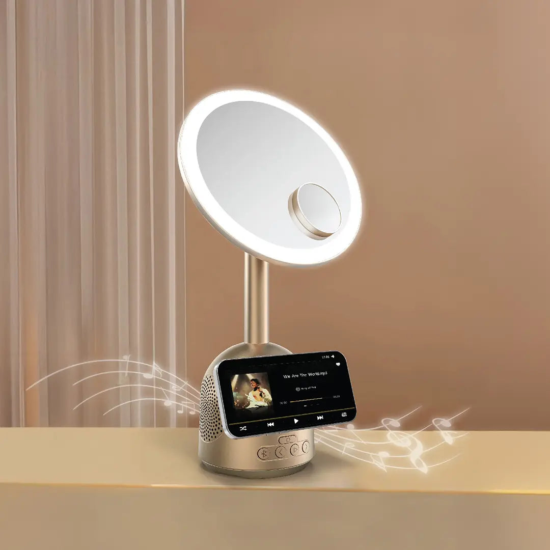 Green Lion Makeup Mirror with Bluetooth Speaker & 15W MagSafe Wireless Charger – 3-Level LED Light, 60° Adjustable, Type-C Output – Gold