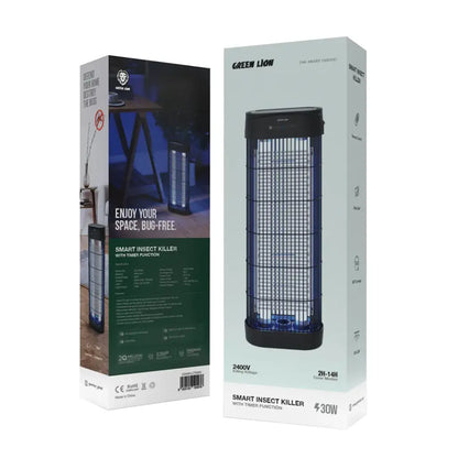 Green Lion Smart Insect Killer with Timer & Remote – 30W, Dual UVA Bulbs, 2000–2400V Grid, 80m² Coverage – Black