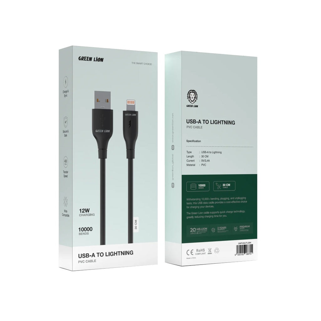 Green Lion USB-A to Lightning PVC Cable 1m, 480Mbps Transfer Speed, 12W, Fast Charging & Sync, More than 10,000 Bends Life Span, Safe & Secure - Black
