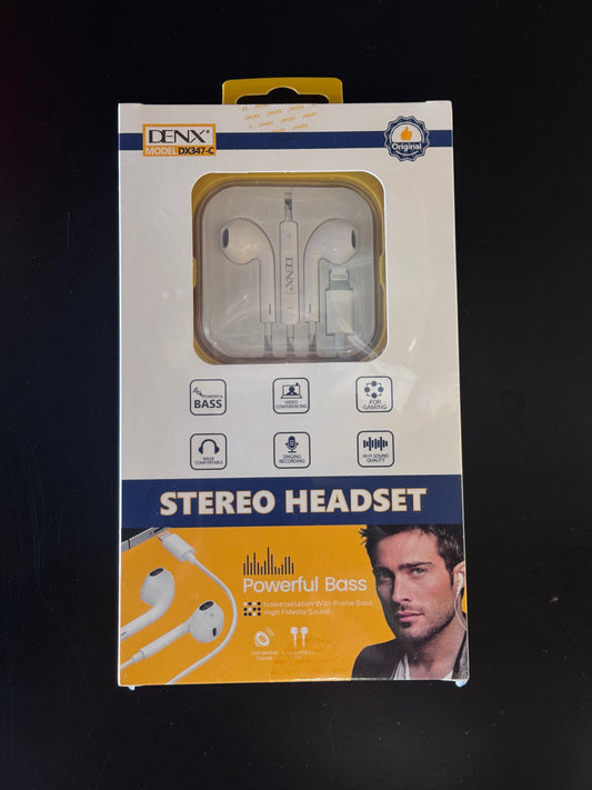 DENX DX347-C Stereo Lightning Headset – HI-FI Sound, Powerful Bass, Noise Isolation, 120cm Cable