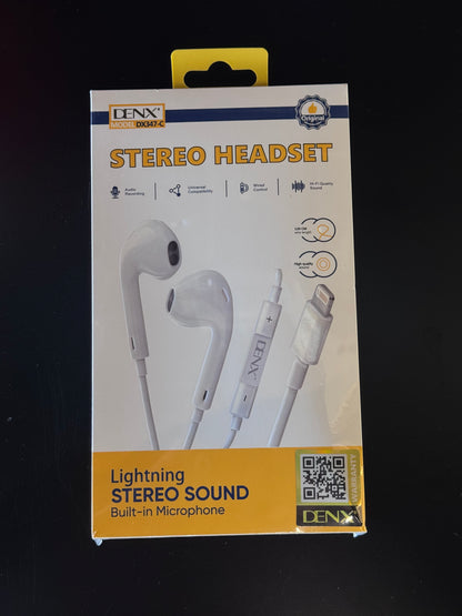 DENX DX347-C Stereo Lightning Headset – HI-FI Sound, Powerful Bass, Noise Isolation, 120cm Cable