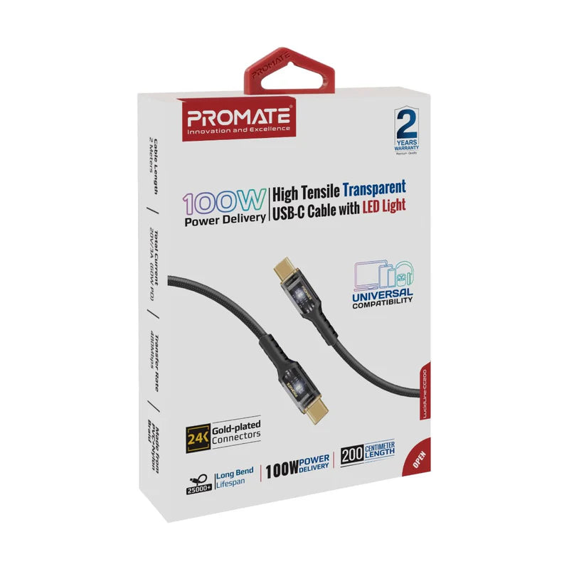 Promate LucidLine-CC200 | 100W Power Delivery USB-C Cable with LED Light & Transparent Connectors