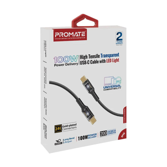 Promate LucidLine-CC200 | 100W Power Delivery USB-C Cable with LED Light & Transparent Connectors